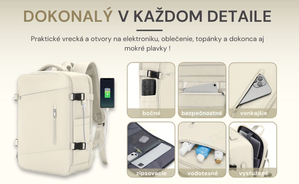 Praktický batoh s množstvom vreciek a otvorov na elektroniku, oblečenie, topánky a dokonca aj mokré plavky. Bočné, bezpečnostné a vonkajšie vrecká, zipsovacie a vodotesné priehradky